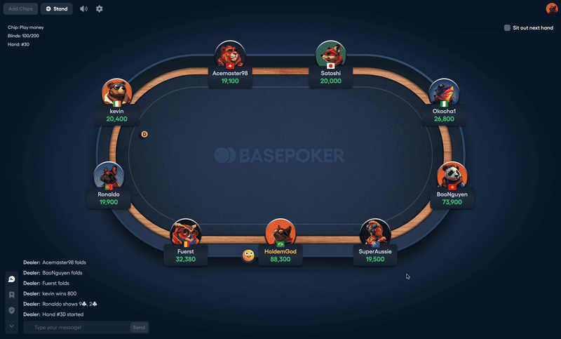 Mesa de Texas Hold’em en Basepoker con acción en tiempo real y chat de jugadores