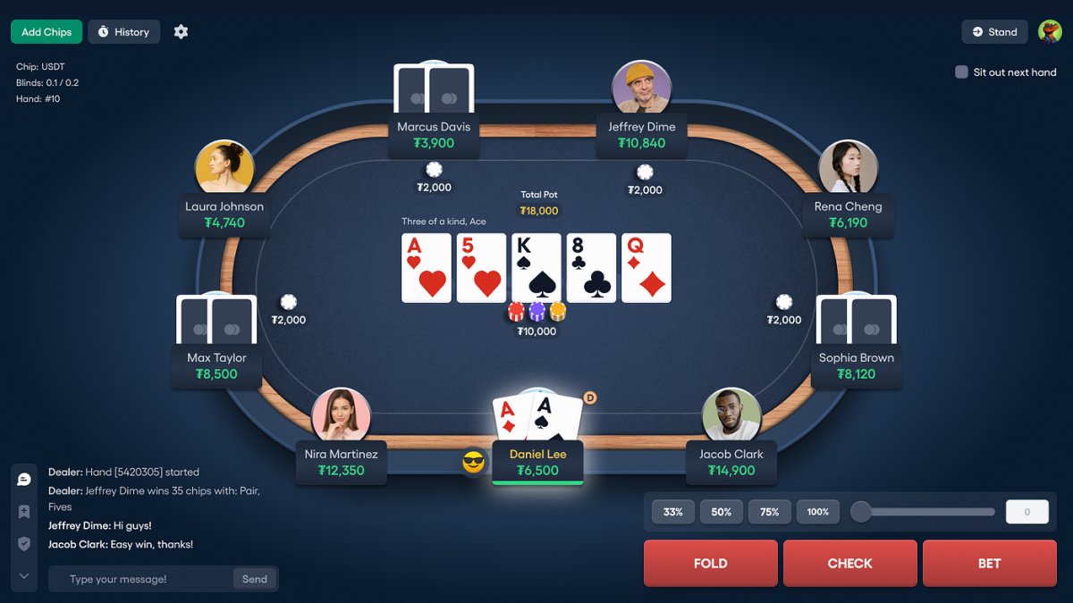 Detalle de la mesa de Basepoker con cartas comunitarias, total pot y botones de acción