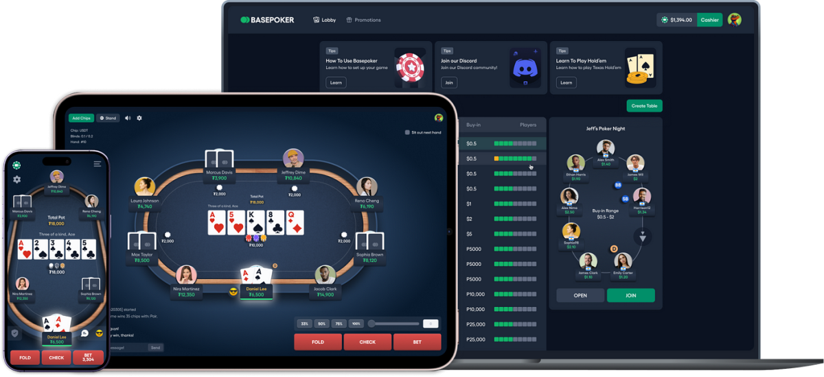 Interfaz de Basepoker en móvil, tablet y escritorio con lobby y creación de mesa