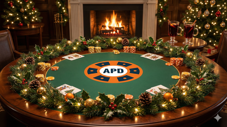 Mesa de póker navideña con decoraciones festivas, fichas, cartas y el logotipo de AllPokerDeals en el centro del paño verde frente a una chimenea.