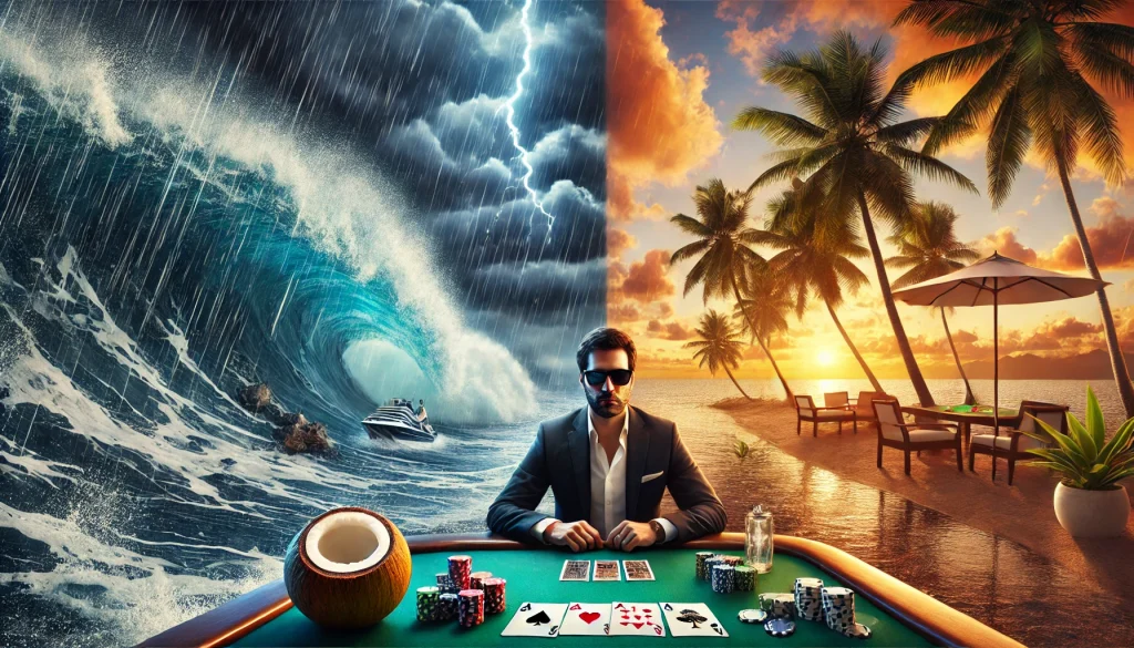 Ilustración conceptual de las probabilidades del póker: Jugador en una mesa dividida entre una tormenta con un coco (representando la varianza) y una playa tranquila al atardecer (representando la estrategia a largo plazo).