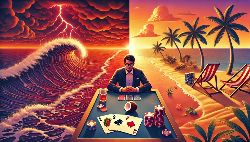 Comparación conceptual: Rayo cayendo en una palmera vs Mano de Escalera Real en mesa de póker, ilustrando las probabilidades del poker y la varianza.