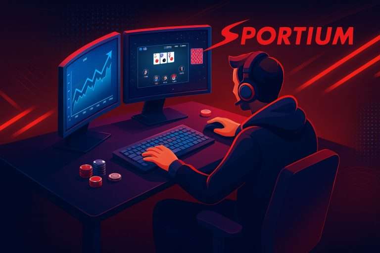 Ilustración moderna de jugador de poker online con múltiples pantallas y logo de Sportium.